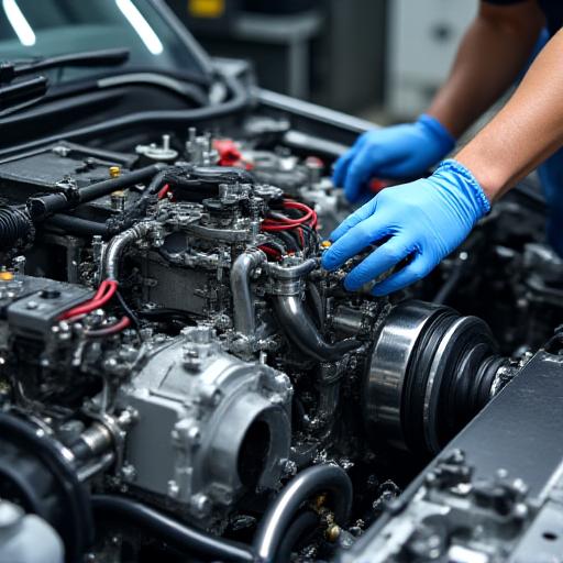 Detailed engine bay undergoing tuning by a mechanic