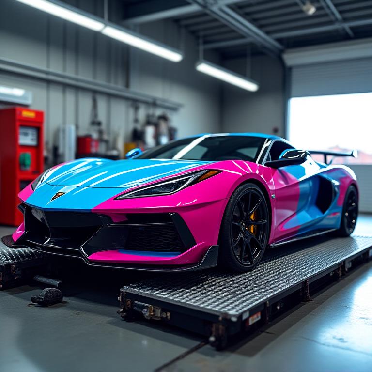 Brightly colored tuned sports car on a dyno machine at Nova Tuners