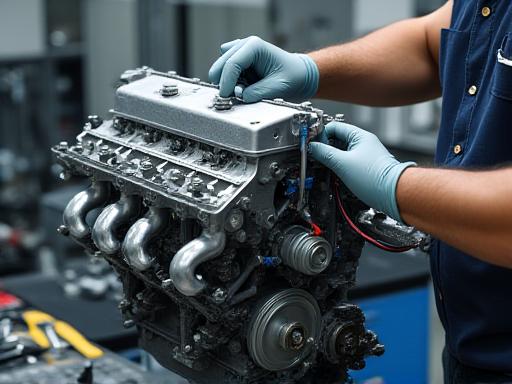 High-performance engine being meticulously assembled in a clean workshop