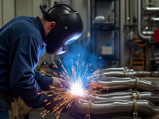 Custom exhaust system being fabricated and welded by a skilled artisan