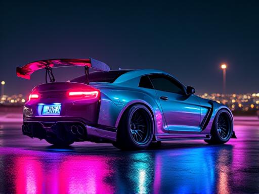 Vibrantly colored sports car with underglow lighting, named Neon Drift